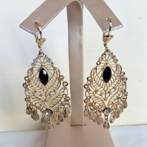 Elegant Gold Plated and Black Dangle Earrings 2-3/4"